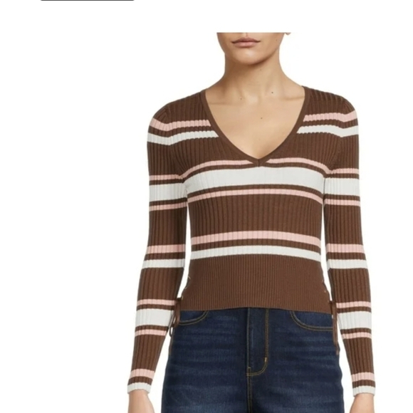 Striped V-Neck Lace-Up Sweater Size L Ribbed Knit Neopolitan Y2K Style Top Prep - Picture 1 of 13